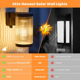 Comparison of 2024 newest solar wall lights with highlighted features on an orange and gray background.